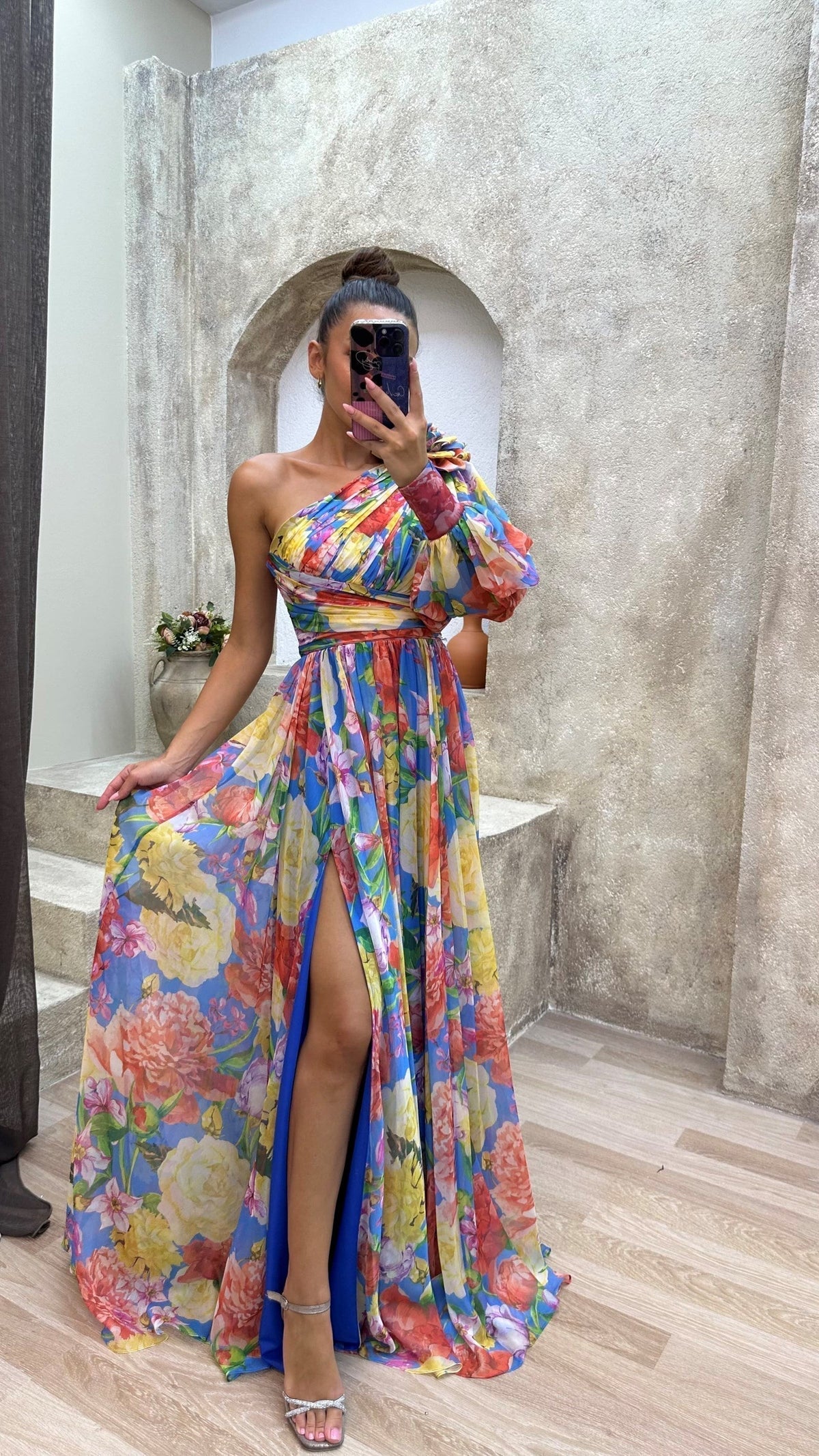 Women's Elegant Floral Multicolor Flowy Summer Dress with One-Shoulder Neckline