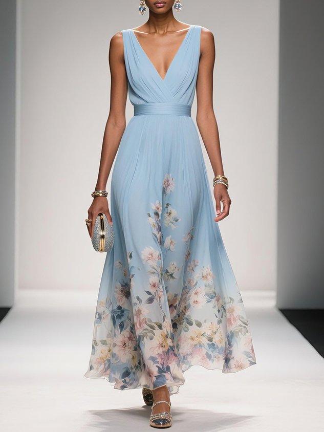 Women Elegant Celebration Floral Print Wedding Guest Dress