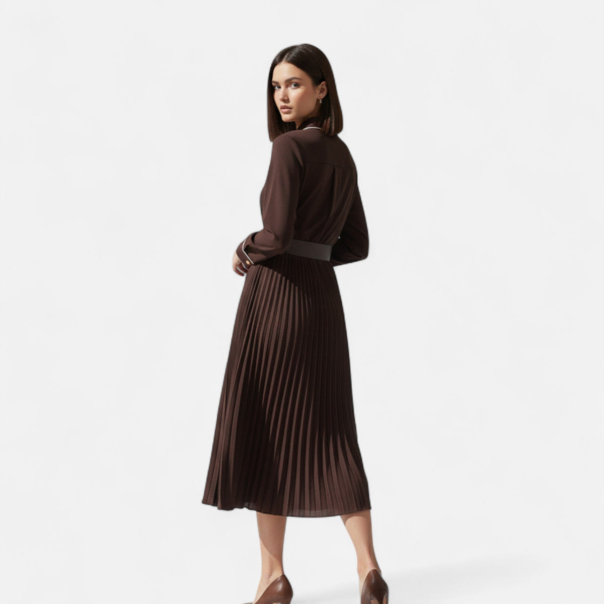 Women’s Chiffon Season Belted Turn-Down Long Midi Dress