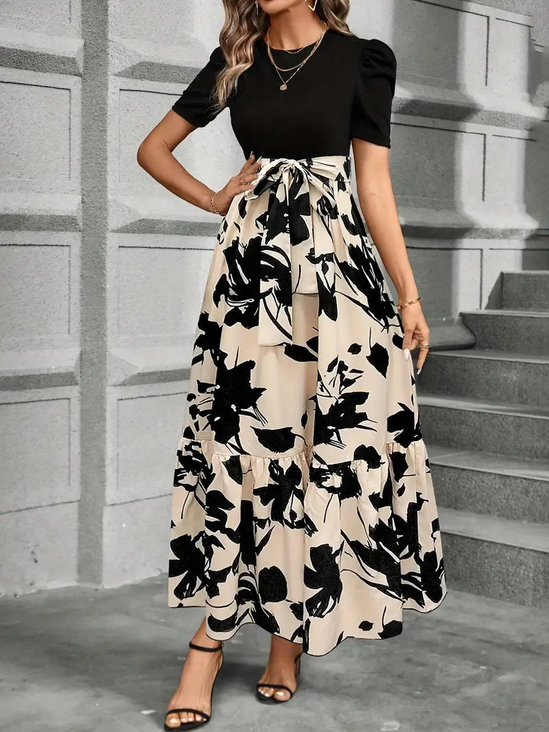 Women's Modern Printed Botanical Patterns Maxi Dress with Waist Belt and Crew Neckline