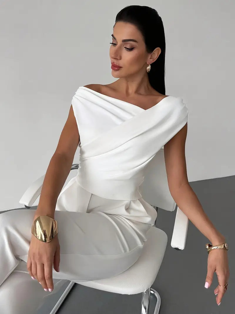 Women's Elegant Draped Shoulder Top with Round-Neckline
