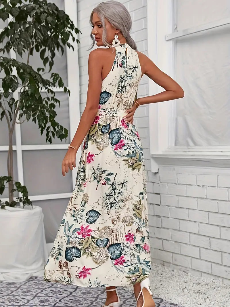 Women's Slit Halter Neckline Tie-Waist Party Evening Dress with Soft Draping and Floral Charm