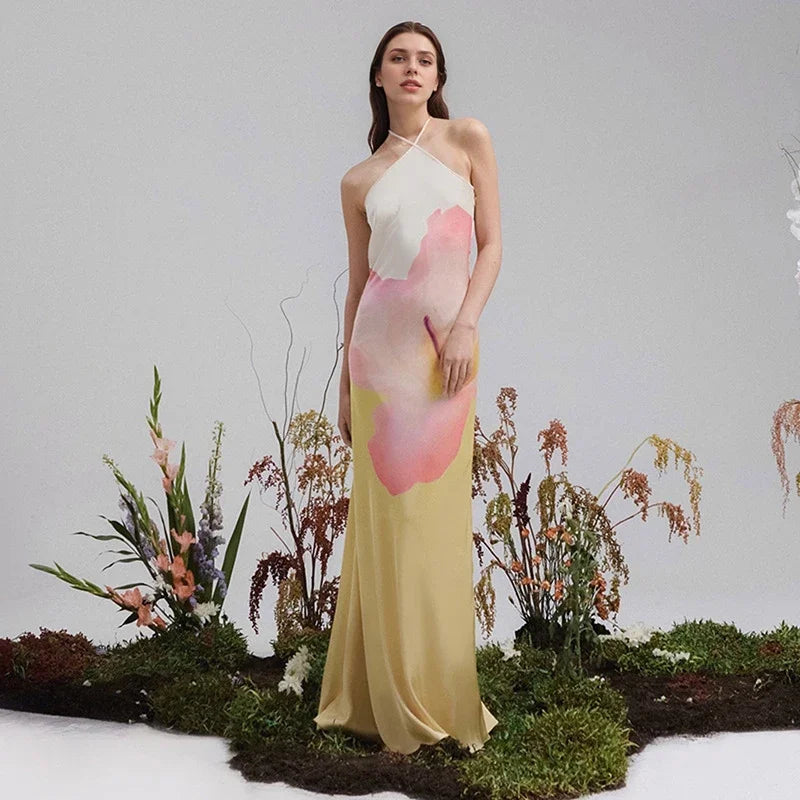 Women's Fashion Flowing One-Shoulder Maxi Dress with Striking Floral Pattern