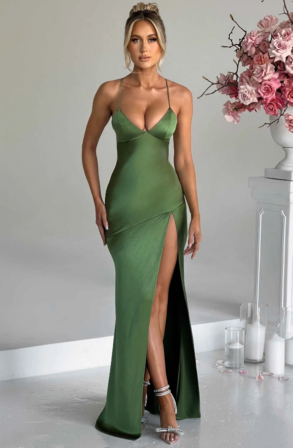 Women's Fashion Sleek Slit Maxi Dress with Thigh-High Slit with Delicate Spaghetti Straps