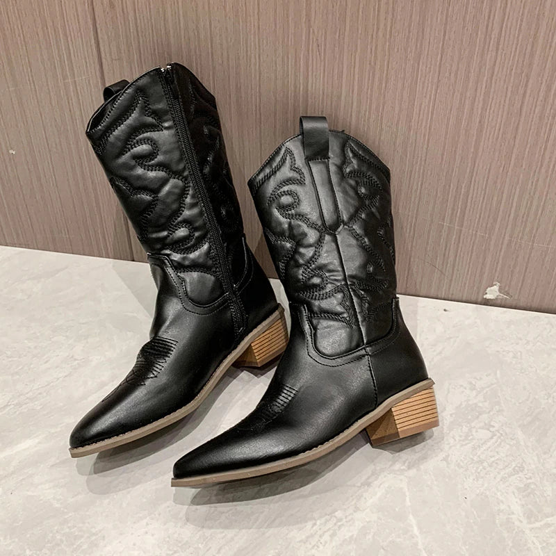 Women's Modern Embroidered Mid-Calf Cowboy Boots with Practical Side Zipper