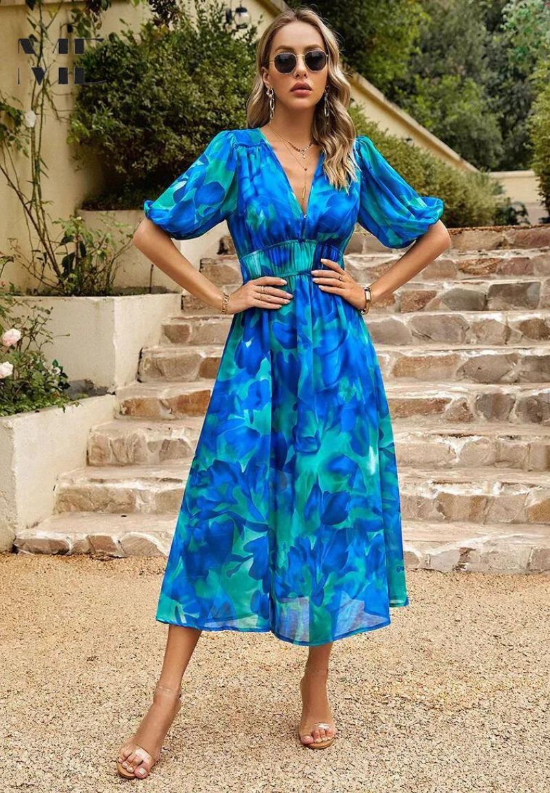 Women's Fashion Summer Floral Print Midi Dress with Puff Sleeves