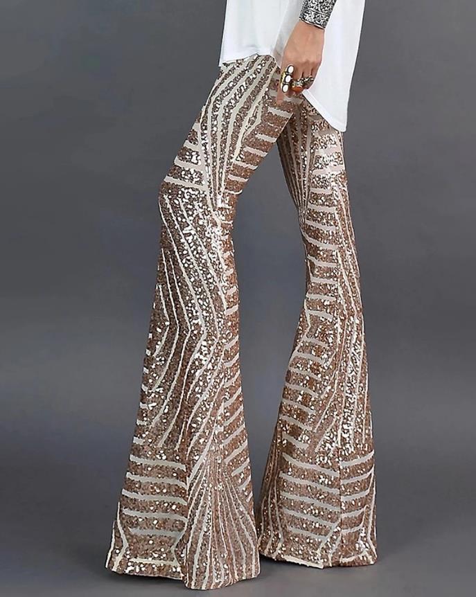 Women's Sequin Trousers Full Length Flared Leg Design