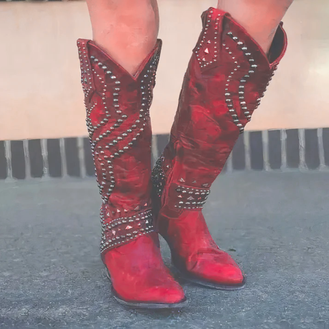 Women’s Chunky Heel Cowboy Boots Studded Western Look