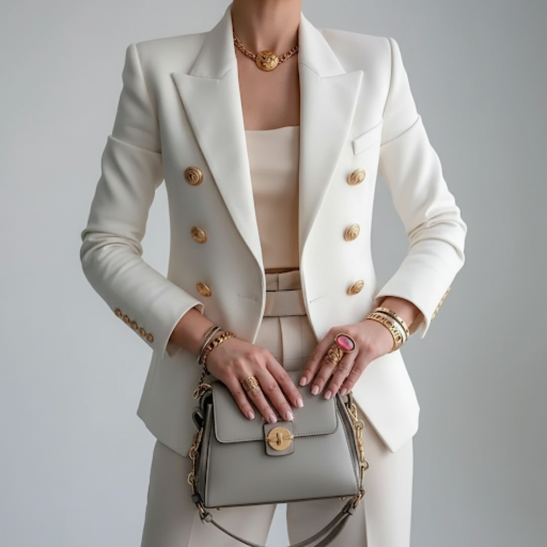 Women's Classic Business Formal Blazer with Gold Buttons and Notch Lapel