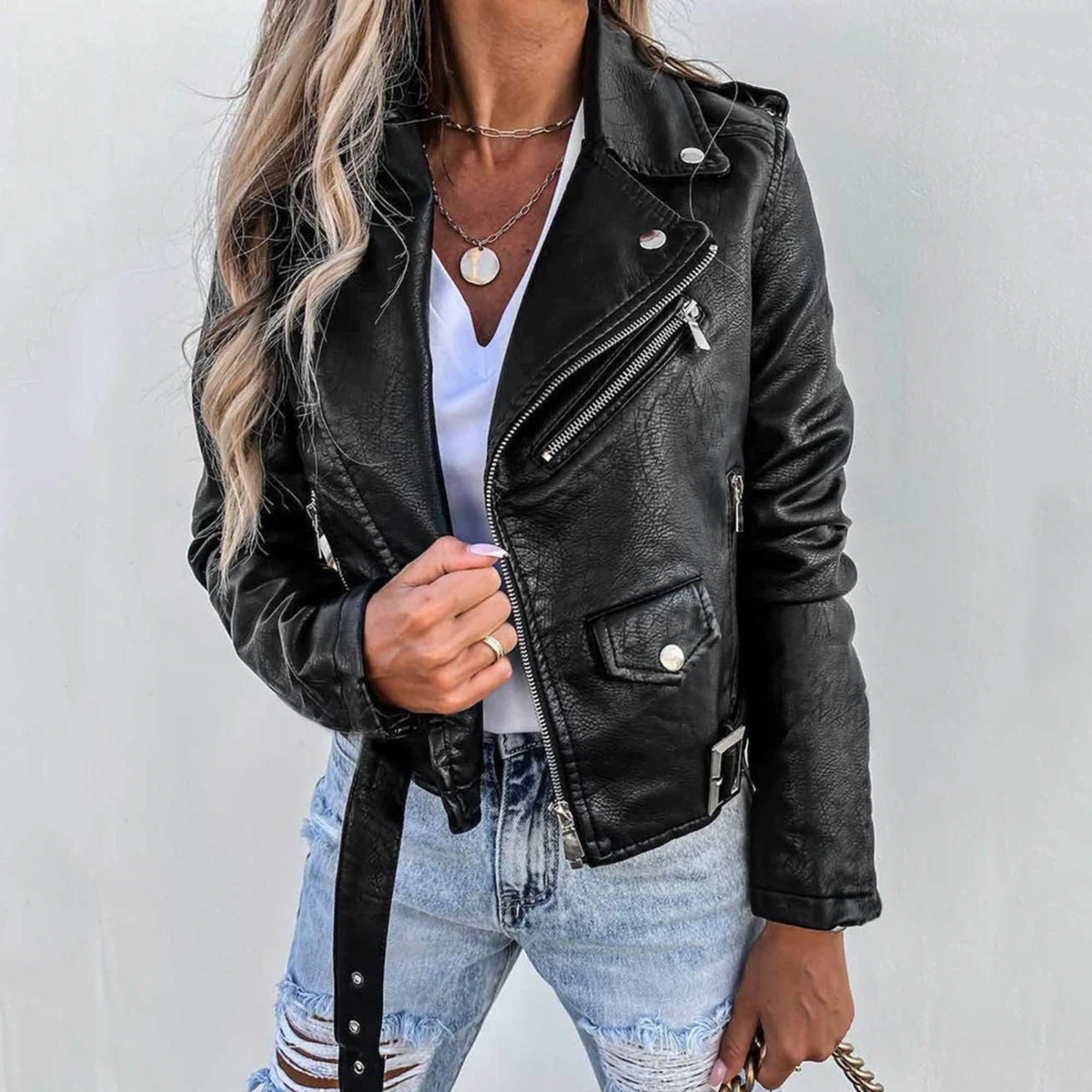 Women's Exquisite Belted Rider Jacket with Multiple Zipper Pockets and Stand-Up Collar
