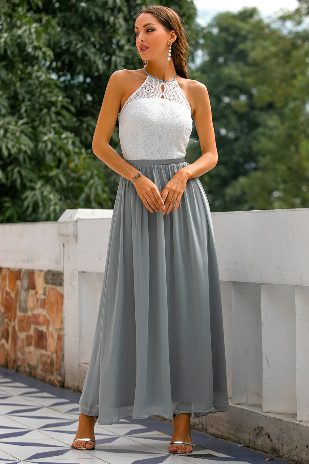 Women's Modern Evening Maxi Wedding Guest Dress with Halter Neckline