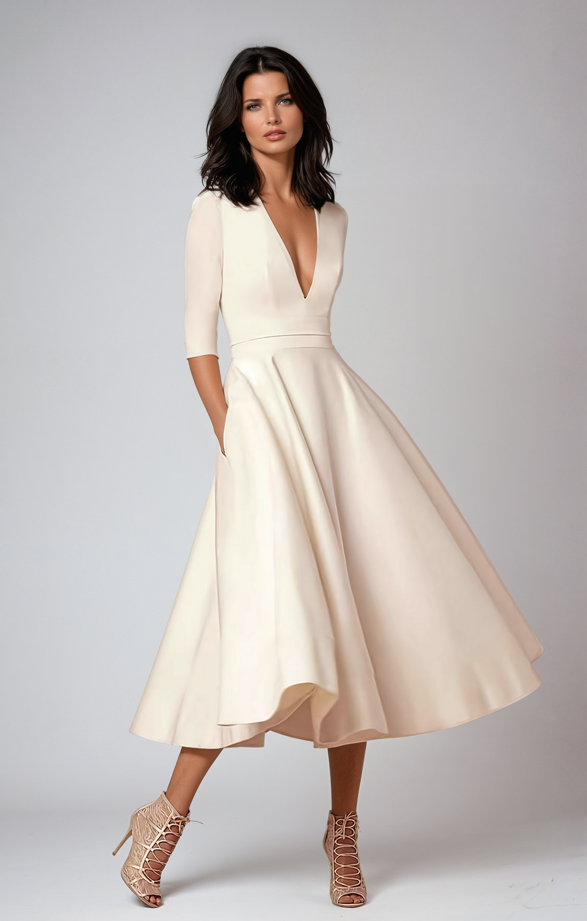 Women's Classic Graceful Midi Wedding Guest Flared Dress