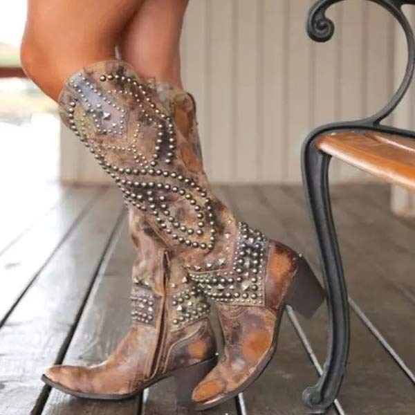 Women’s Chunky Heel Cowboy Boots Studded Western Look