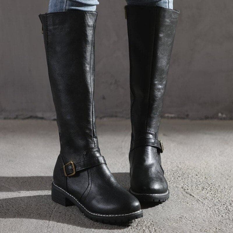 Women's Fashion Outdoor Knee-High Boots with Decorative Buckle Detail and Side Zipper