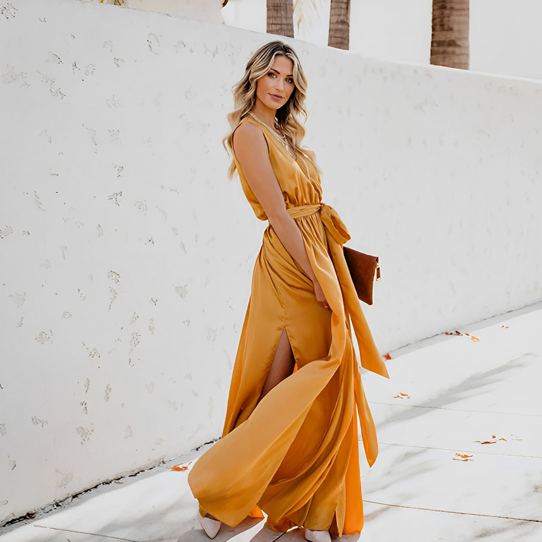 Versatile Long Waist Belted Celebration Slit Maxi Dress for Women