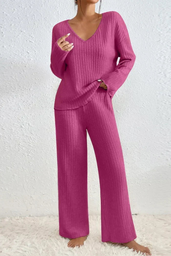 Women’s Ribbed Knit Loungewear Set - Elegant V-neckline Top and Wide-Leg Trousers