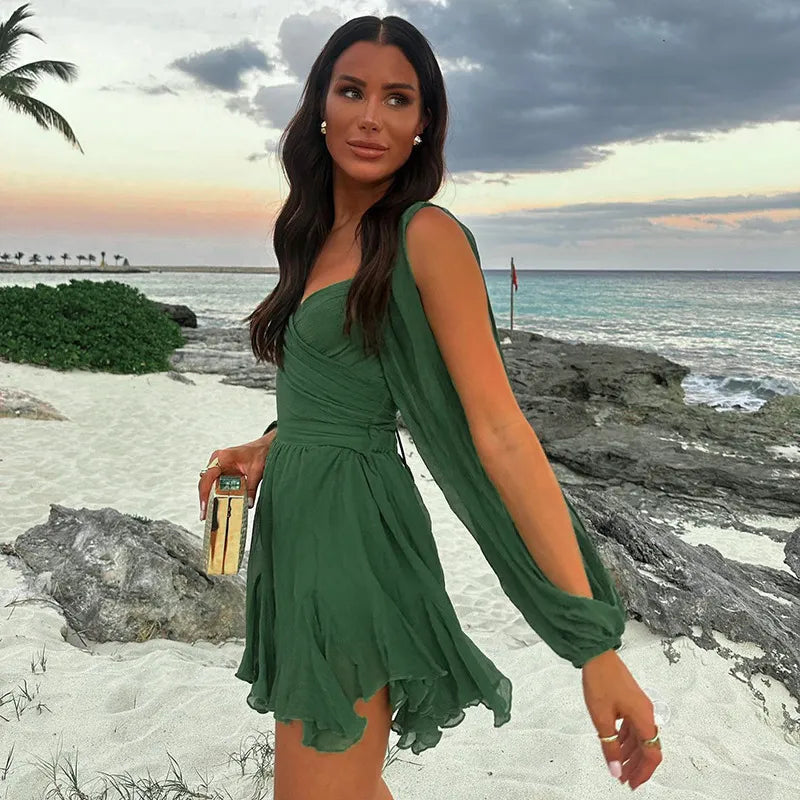 Women's Elegant Long Sleeve Puff Shoulder Mini Summer Dresses