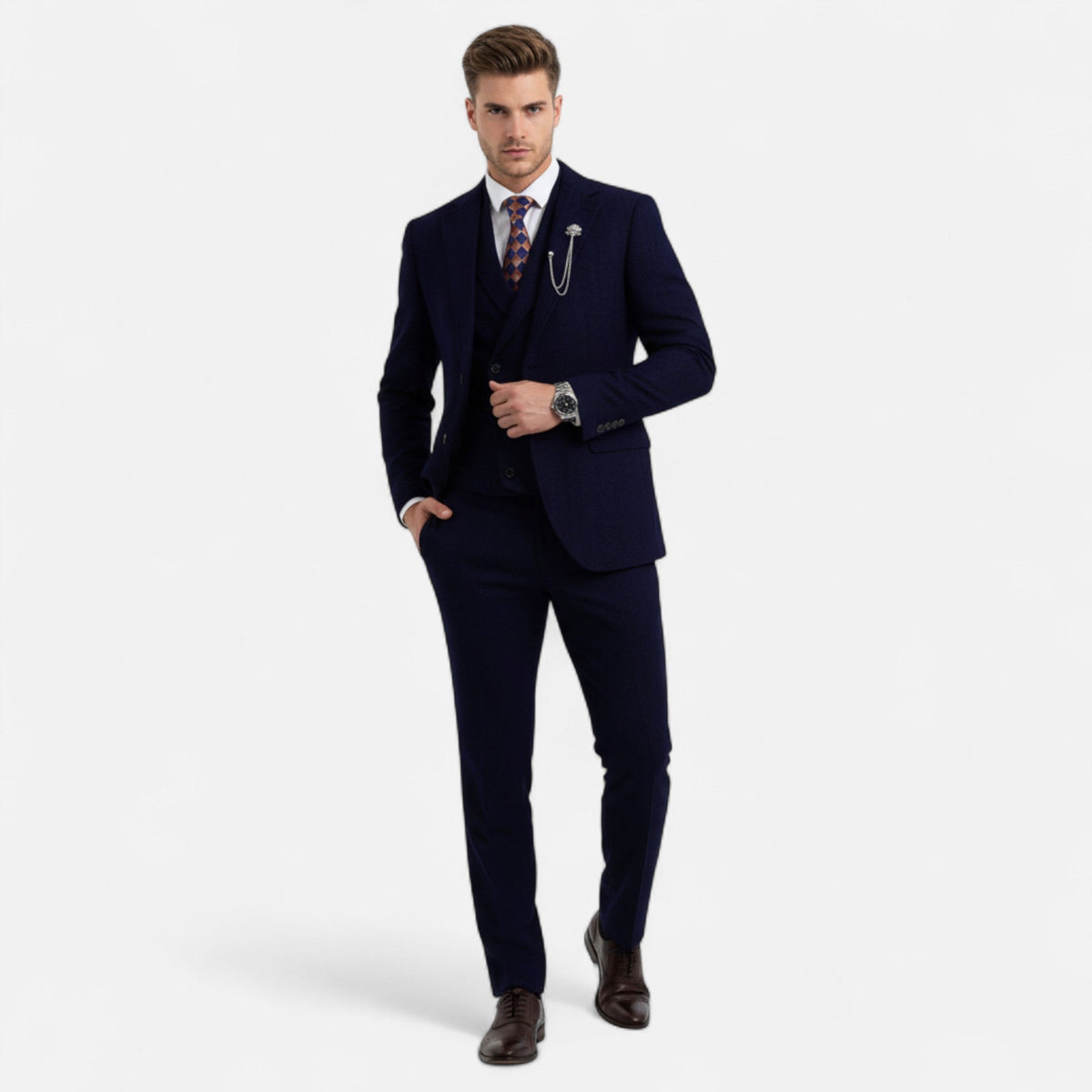 Men’s Tweed Herringbone Formal Business Suit - Complete 3-Pieces Set