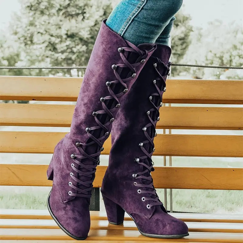 Modern Adjustable Lace-up Block Heel Knee-High Boots for Women