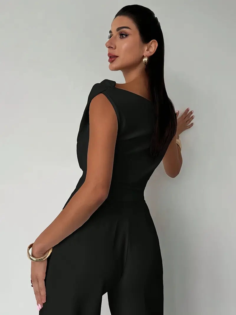 Women's Elegant Draped Shoulder Top with Round-Neckline