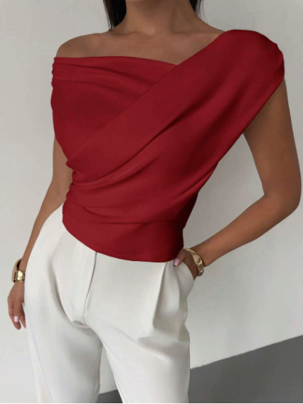 Women's Elegant Draped Shoulder Top with Round-Neckline