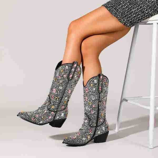 Women's Classic Dazzling Embellished Mid-Calf Cowboy Boots