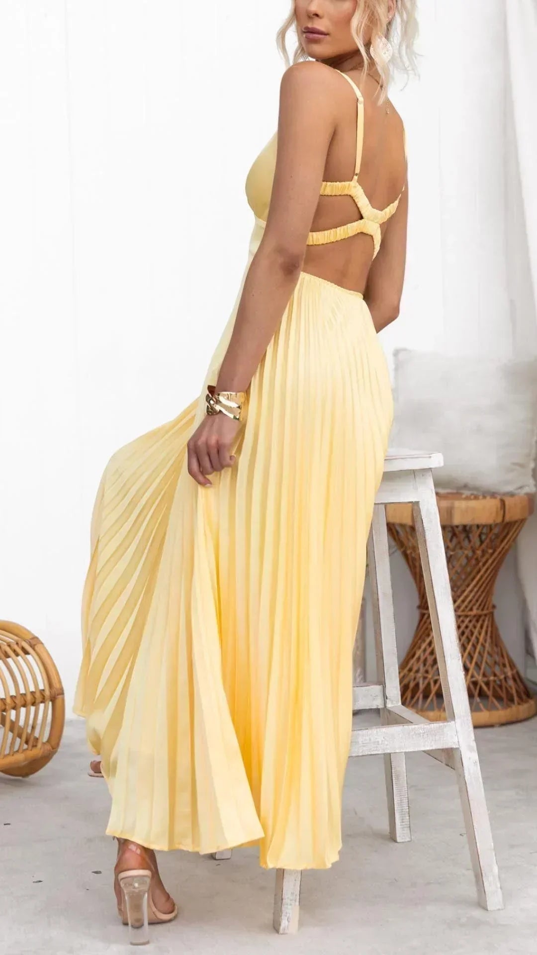Women's Flowing Yellow Pleated V-Neck Maxi Dress with Adjustable Crossover Back Straps