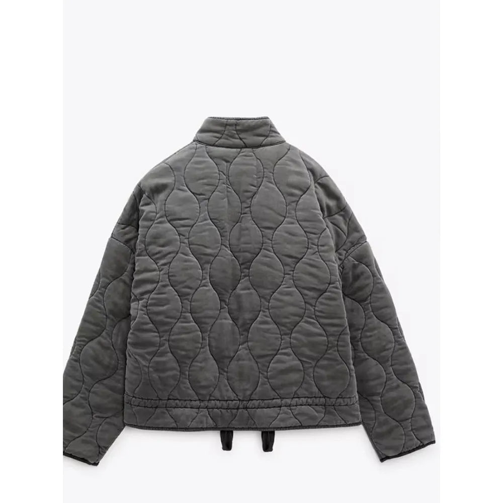 Women’s Quilted Puffer Jacket Wave Stitching with Drawstring Hem