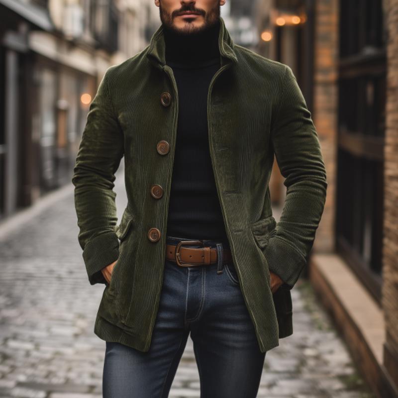 Men's Practical Slim Fit Warm Corduroy Coat with Stand-Up Collar and Side Pockets