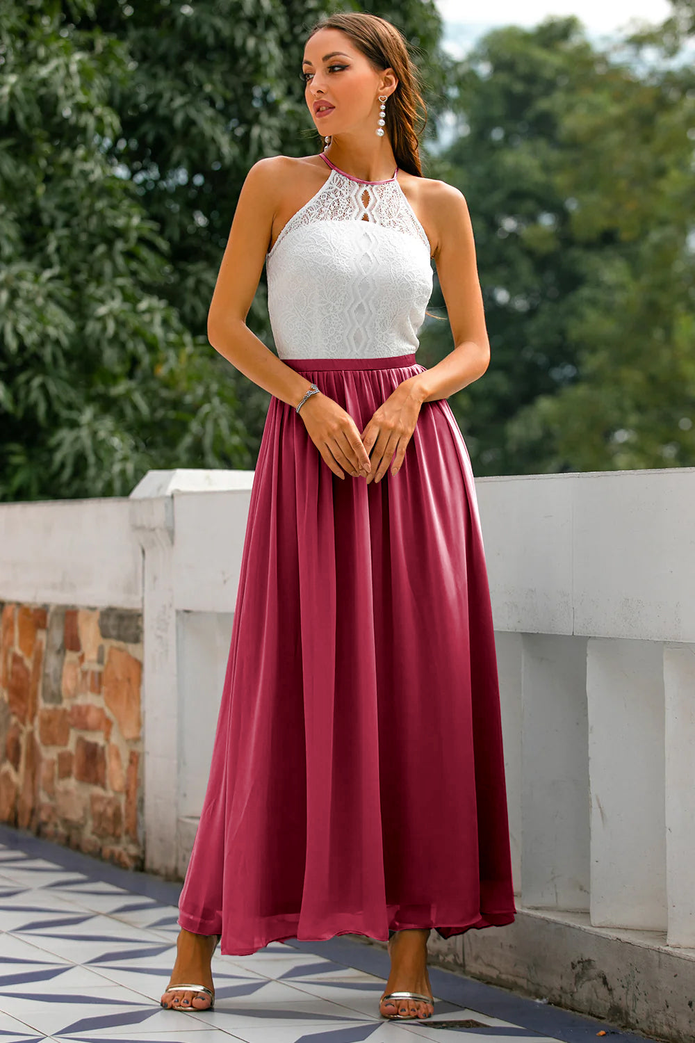 Women's Modern Evening Maxi Wedding Guest Dress with Halter Neckline